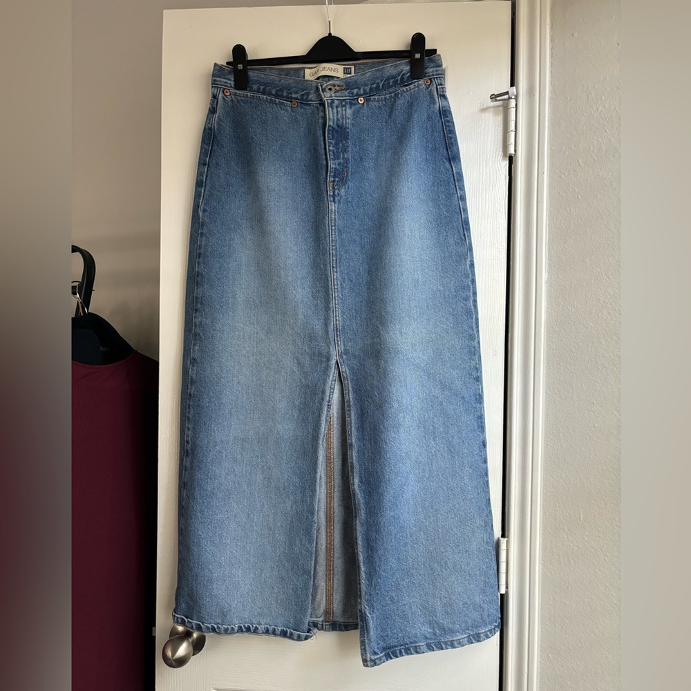 Gap blue denim maxi skirt with front split